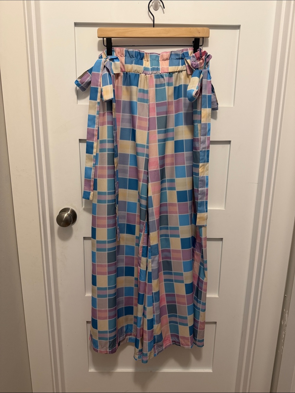 Wide Leg Plaid Tie-Waist Pants in Pastel Blue